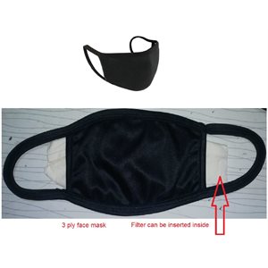Black Reusable and Washable face mask with 3 Layers and pocket filter -